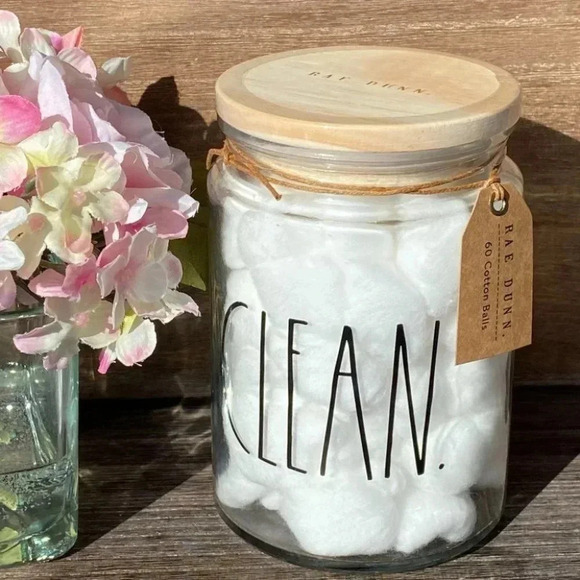 NEW Rae Dunn CLEAN (reusable) Glass Jar with 60 Cotton Balls & cute wood lid - Picture 1 of 8